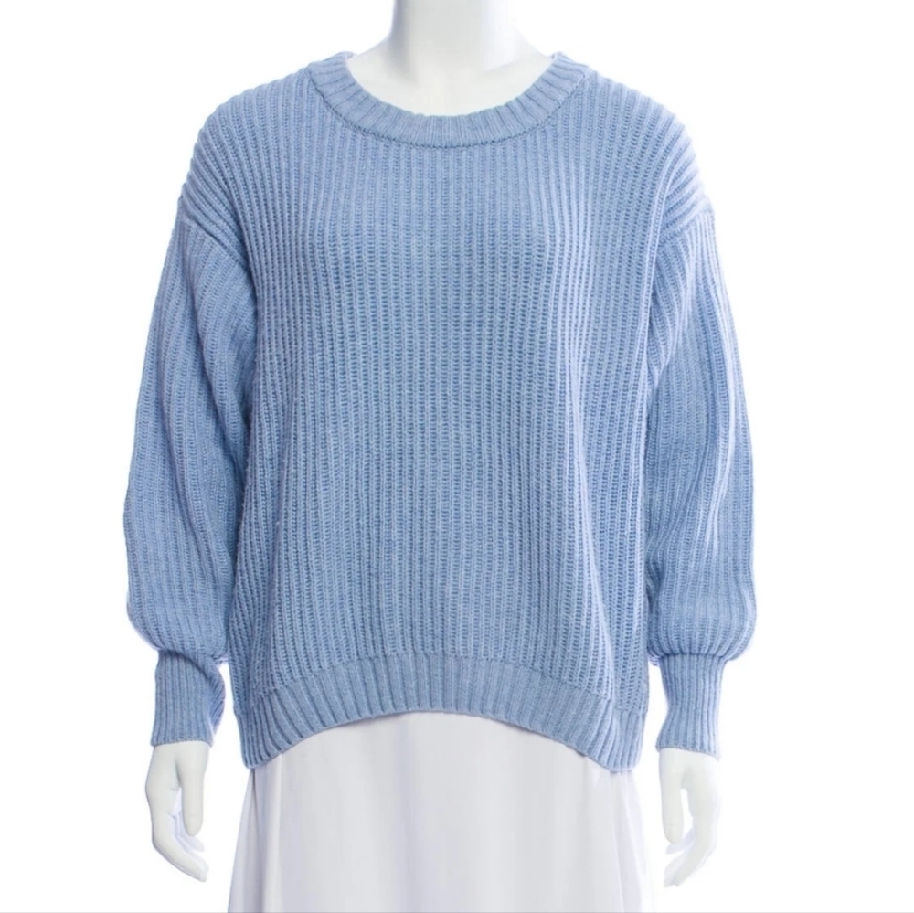 Misa Los Angeles Ballon Sleeve Cuff Ribbed Sweater Blue Crew Neck Oversized Med